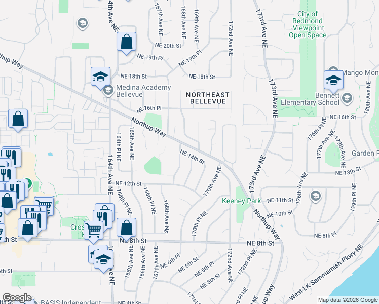map of restaurants, bars, coffee shops, grocery stores, and more near 16820 Northeast 14th Street in Bellevue