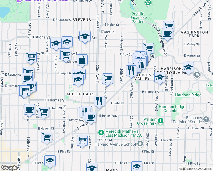 map of restaurants, bars, coffee shops, grocery stores, and more near 317 25th Avenue East in Seattle