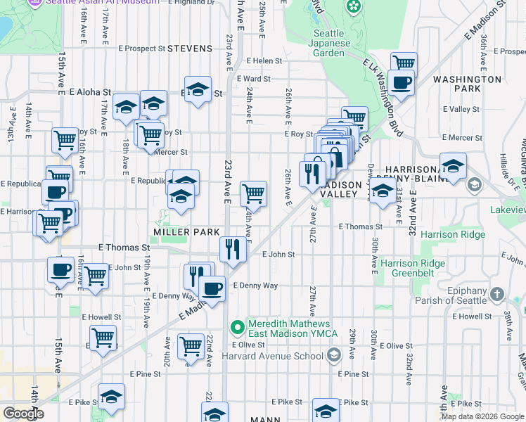 map of restaurants, bars, coffee shops, grocery stores, and more near 322 24th Avenue East in Seattle