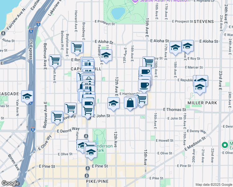 map of restaurants, bars, coffee shops, grocery stores, and more near in Seattle