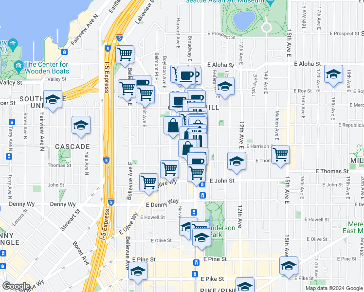 map of restaurants, bars, coffee shops, grocery stores, and more near Harvard Ave E & E Harrison St in Seattle