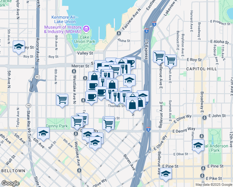 map of restaurants, bars, coffee shops, grocery stores, and more near in Seattle