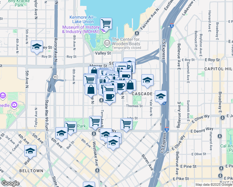 map of restaurants, bars, coffee shops, grocery stores, and more near 409 Fairview Avenue North in Seattle