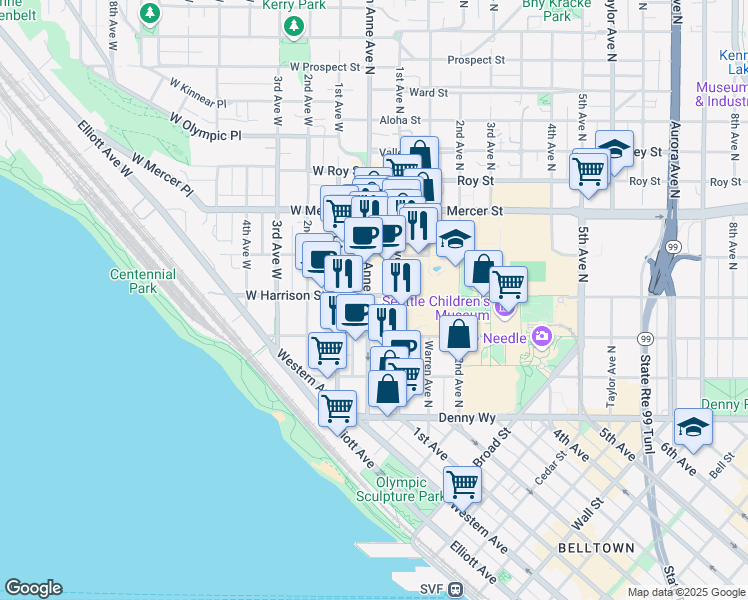 map of restaurants, bars, coffee shops, grocery stores, and more near 19 West Harrison Street in Seattle