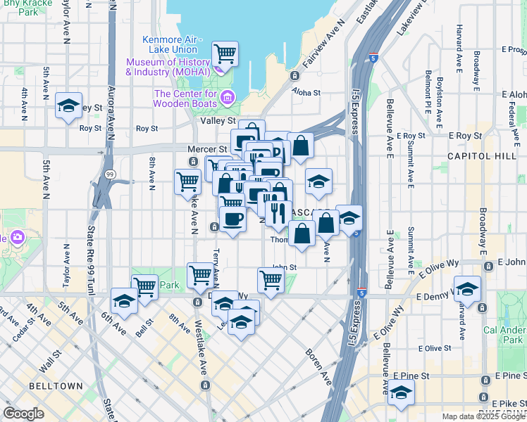 map of restaurants, bars, coffee shops, grocery stores, and more near Fairview Avenue North & Harrison Street in Seattle