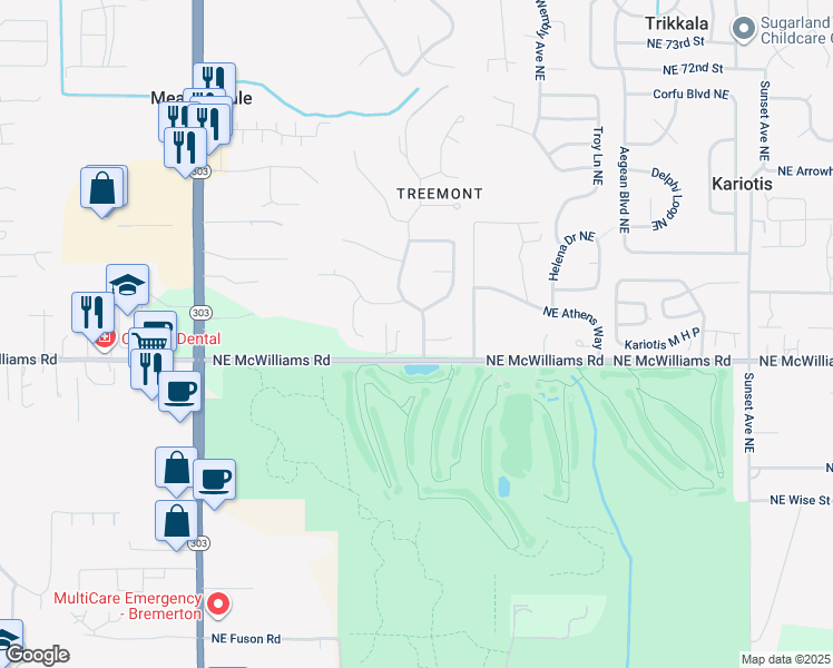 map of restaurants, bars, coffee shops, grocery stores, and more near 6483 Northeast Clover Blossom Lane in Bremerton