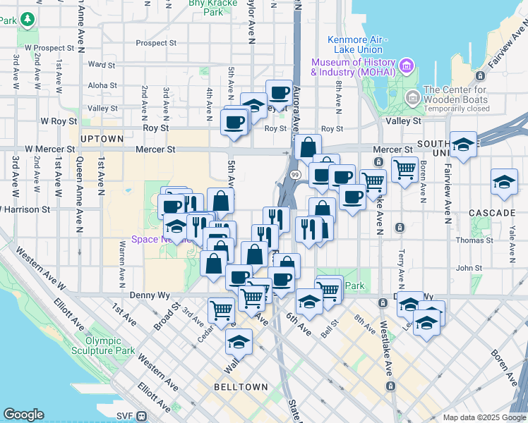 map of restaurants, bars, coffee shops, grocery stores, and more near 565 Harrison Street in Seattle