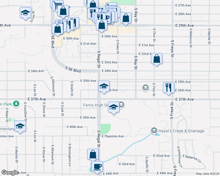 map of restaurants, bars, coffee shops, grocery stores, and more near 2921 East 36th Avenue in Spokane