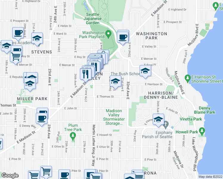 map of restaurants, bars, coffee shops, grocery stores, and more near 320 Dewey Place East in Seattle