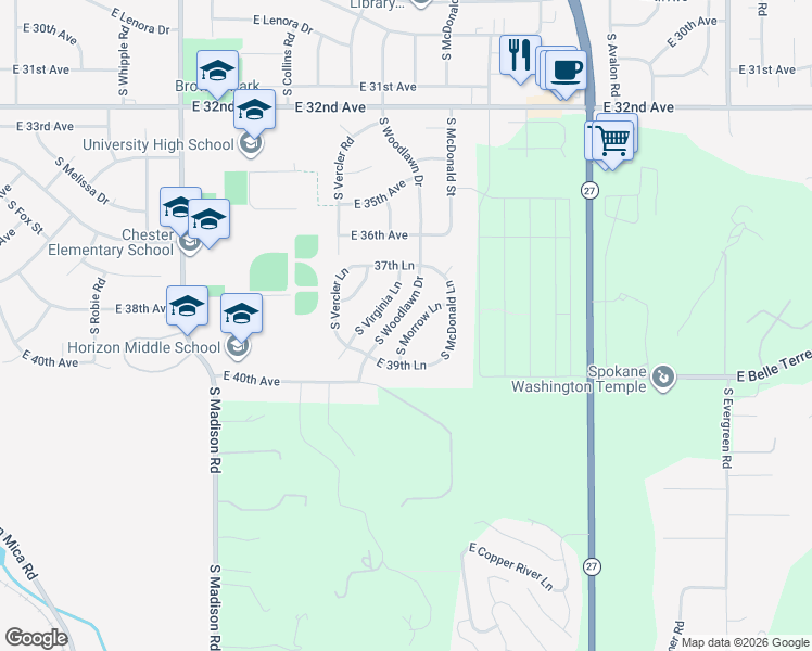 map of restaurants, bars, coffee shops, grocery stores, and more near 3812 South Morrow Lane in Spokane Valley