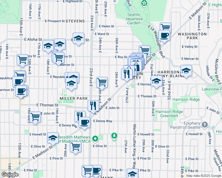 map of restaurants, bars, coffee shops, grocery stores, and more near 320 25th Avenue East in Seattle
