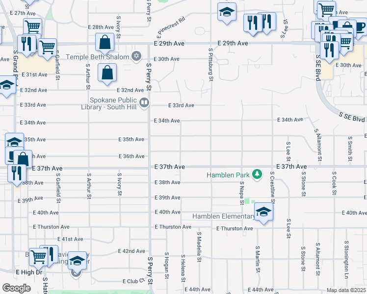 map of restaurants, bars, coffee shops, grocery stores, and more near 1605 East 36th Avenue in Spokane