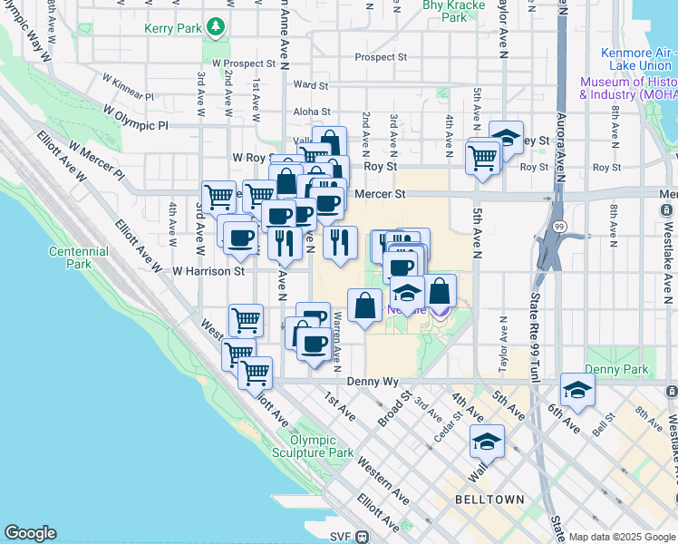 map of restaurants, bars, coffee shops, grocery stores, and more near 334 1st Avenue North in Seattle