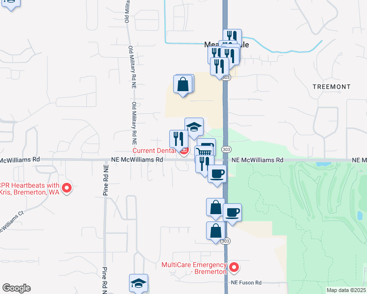 map of restaurants, bars, coffee shops, grocery stores, and more near 1344 Northeast McWilliams Road in Bremerton