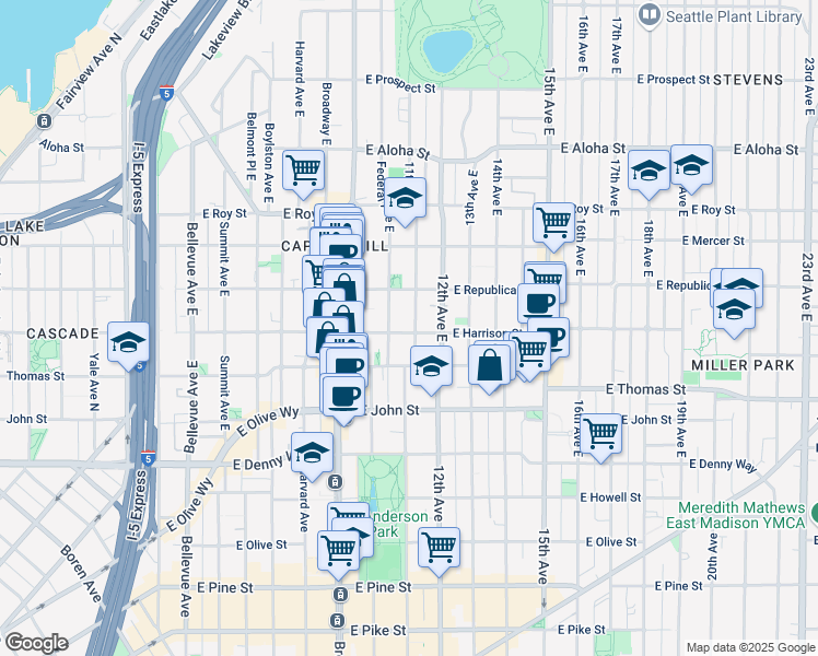 map of restaurants, bars, coffee shops, grocery stores, and more near in Seattle