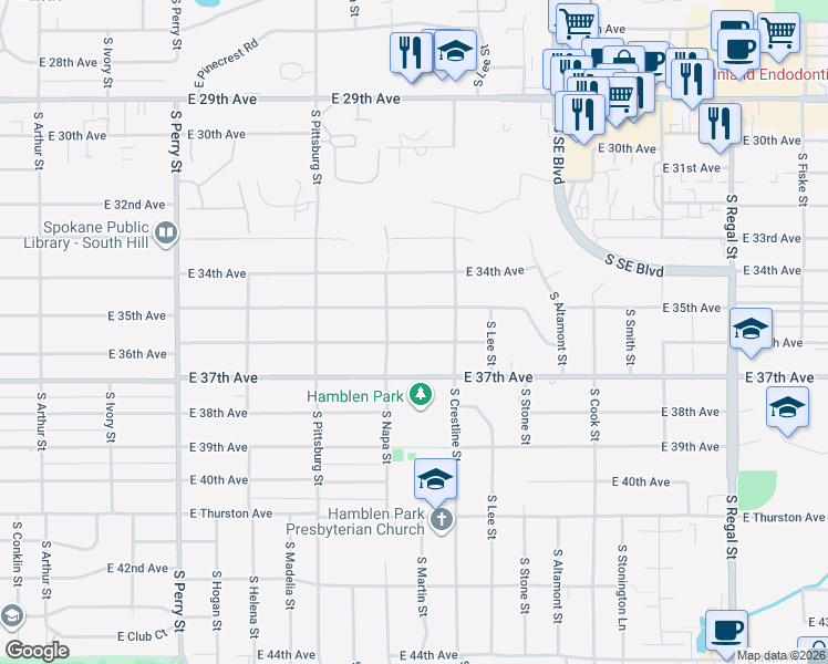 map of restaurants, bars, coffee shops, grocery stores, and more near 2025 East 36th Avenue in Spokane
