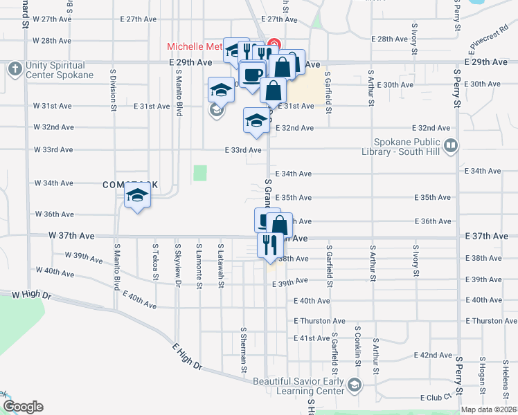 map of restaurants, bars, coffee shops, grocery stores, and more near 3524 South Grand Boulevard in Spokane