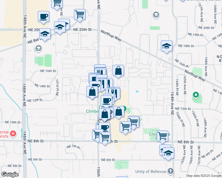 map of restaurants, bars, coffee shops, grocery stores, and more near 1401 158th Place Northeast in Bellevue