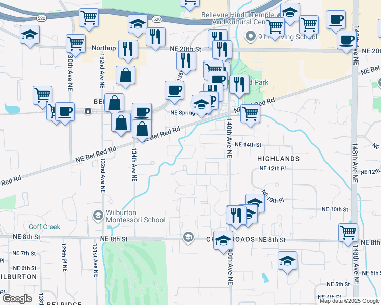 map of restaurants, bars, coffee shops, grocery stores, and more near 1325 138th Avenue Northeast in Bellevue