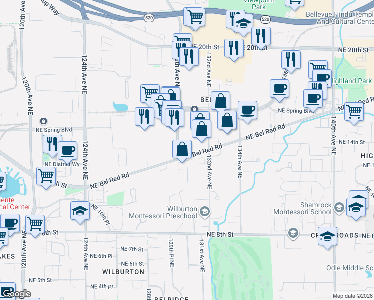 map of restaurants, bars, coffee shops, grocery stores, and more near 13000 Bel-Red Road in Bellevue