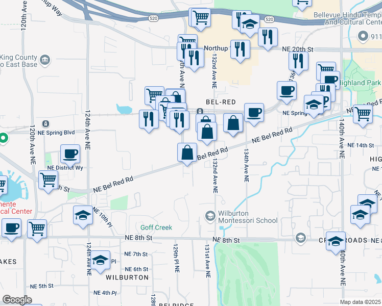 map of restaurants, bars, coffee shops, grocery stores, and more near 13000 Bel-Red Road in Bellevue