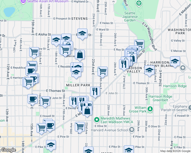 map of restaurants, bars, coffee shops, grocery stores, and more near 315 23rd Avenue East in Seattle