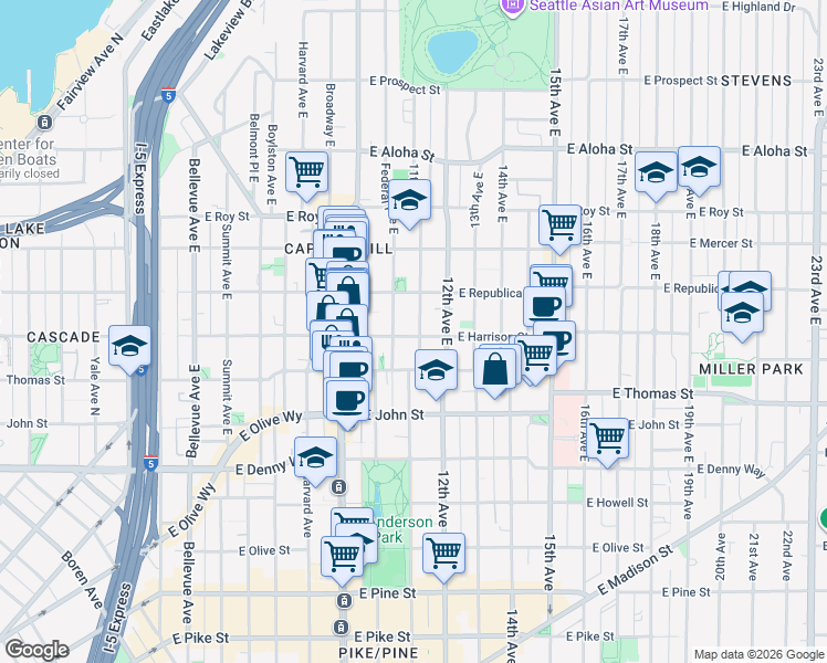 map of restaurants, bars, coffee shops, grocery stores, and more near 304 11th Avenue East in Seattle