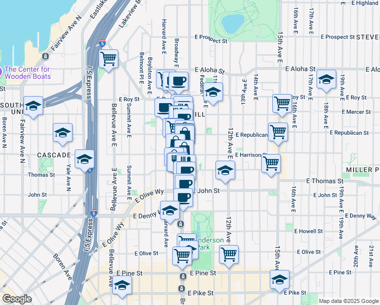 map of restaurants, bars, coffee shops, grocery stores, and more near 324 Broadway East in Seattle