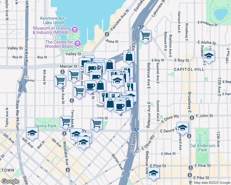 map of restaurants, bars, coffee shops, grocery stores, and more near in Seattle
