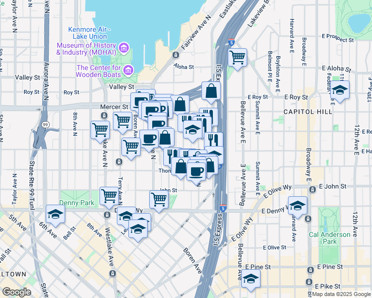 map of restaurants, bars, coffee shops, grocery stores, and more near in Seattle