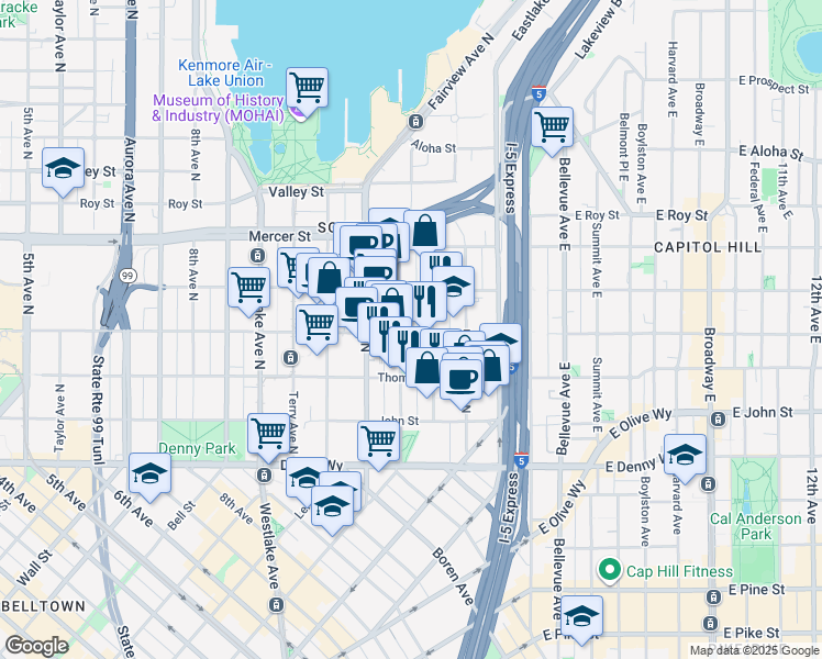 map of restaurants, bars, coffee shops, grocery stores, and more near in Seattle