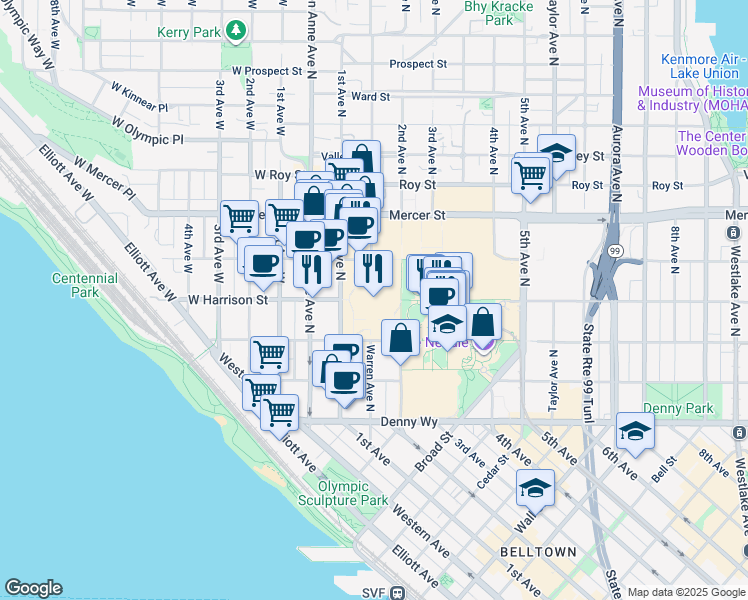 map of restaurants, bars, coffee shops, grocery stores, and more near 305 Harrison Street in Seattle
