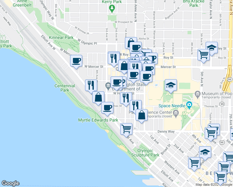map of restaurants, bars, coffee shops, grocery stores, and more near 201 West Harrison Street in Seattle