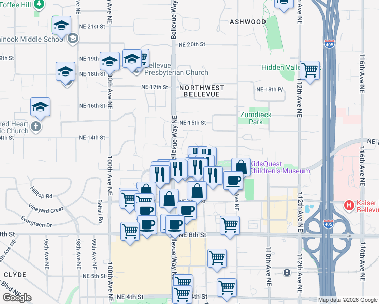 map of restaurants, bars, coffee shops, grocery stores, and more near 1270 Bellevue Way Northeast in Bellevue
