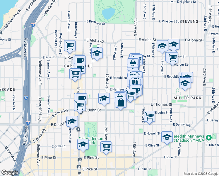 map of restaurants, bars, coffee shops, grocery stores, and more near 400 12th Avenue East in Seattle