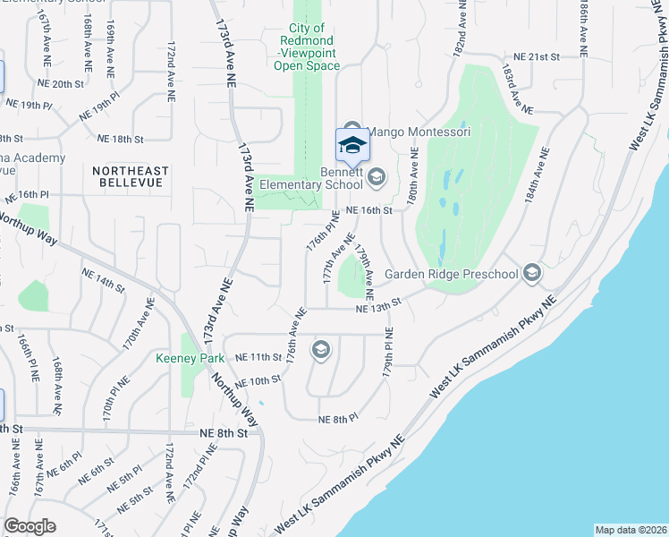 map of restaurants, bars, coffee shops, grocery stores, and more near 1346 177th Avenue Northeast in Bellevue