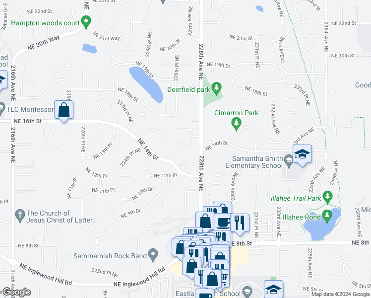 map of restaurants, bars, coffee shops, grocery stores, and more near 22633 Northeast 14th Place in Sammamish