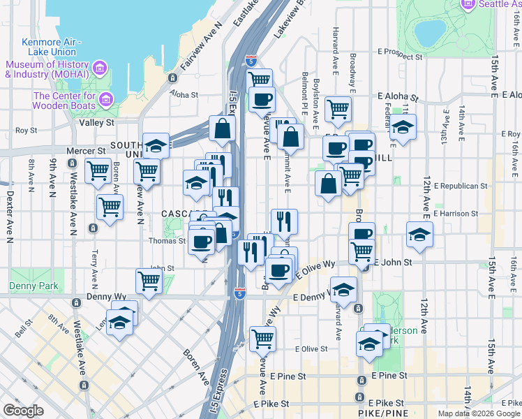 map of restaurants, bars, coffee shops, grocery stores, and more near 316 East Harrison Street in Seattle