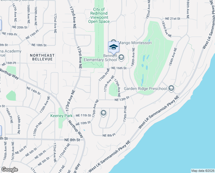 map of restaurants, bars, coffee shops, grocery stores, and more near 1346 177th Avenue Northeast in Bellevue