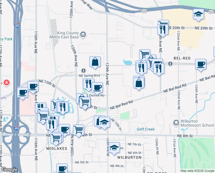 map of restaurants, bars, coffee shops, grocery stores, and more near 1287 124th Avenue Northeast in Bellevue
