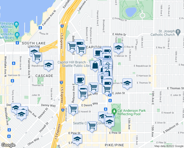 map of restaurants, bars, coffee shops, grocery stores, and more near 511 East Harrison Street in Seattle