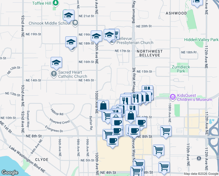 map of restaurants, bars, coffee shops, grocery stores, and more near 1327 102nd Avenue Northeast in Bellevue