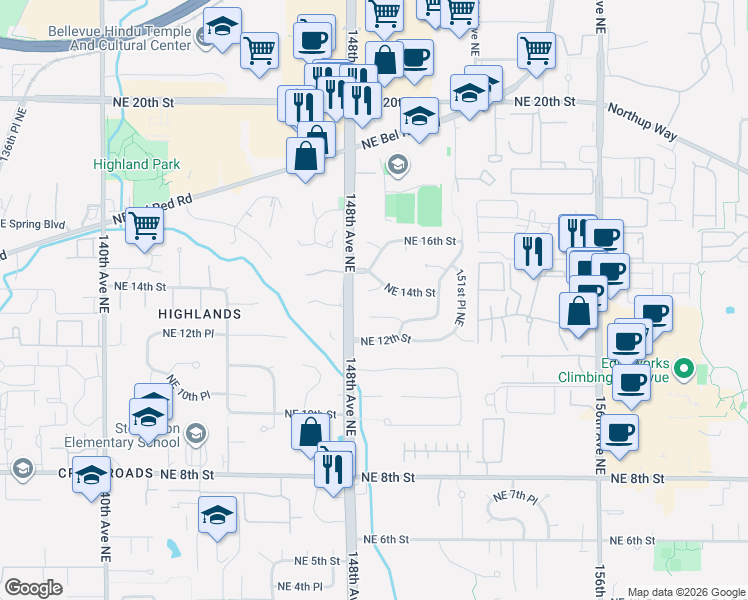map of restaurants, bars, coffee shops, grocery stores, and more near 14831 Northeast 14th Street in Bellevue