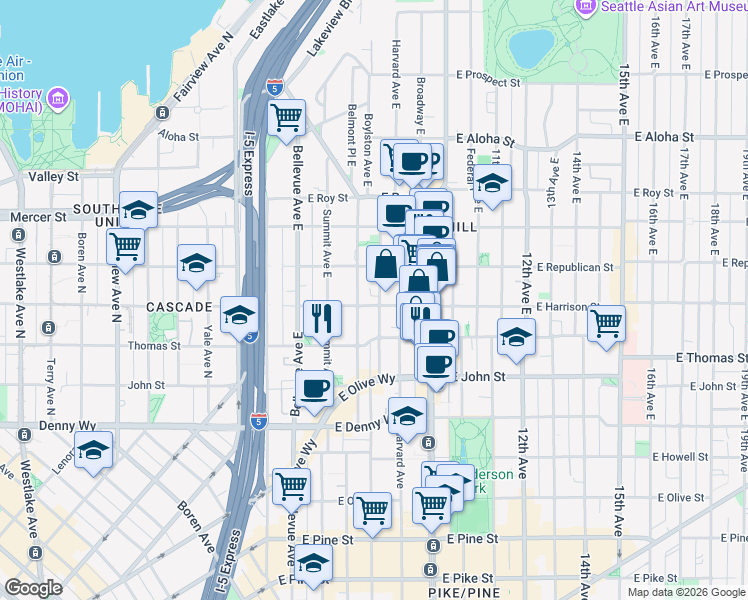 map of restaurants, bars, coffee shops, grocery stores, and more near 401 Boylston Avenue East in Seattle