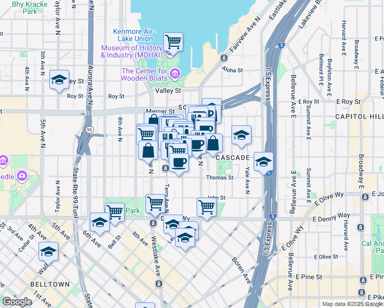 map of restaurants, bars, coffee shops, grocery stores, and more near 1122 Harrison Street in Seattle
