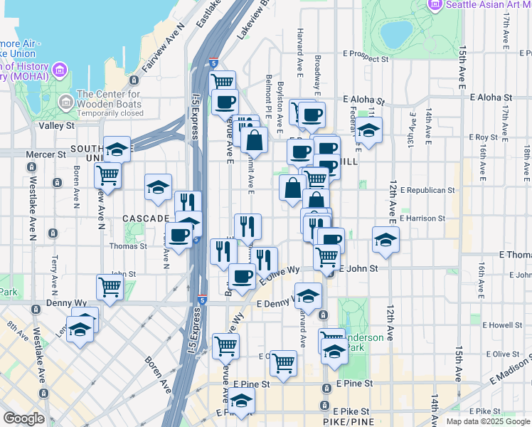 map of restaurants, bars, coffee shops, grocery stores, and more near 403 Belmont Avenue East in Seattle