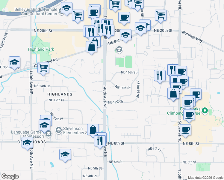 map of restaurants, bars, coffee shops, grocery stores, and more near 14814 Northeast 13th Street in Bellevue