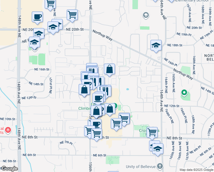 map of restaurants, bars, coffee shops, grocery stores, and more near 1401 158th Place Northeast in Bellevue