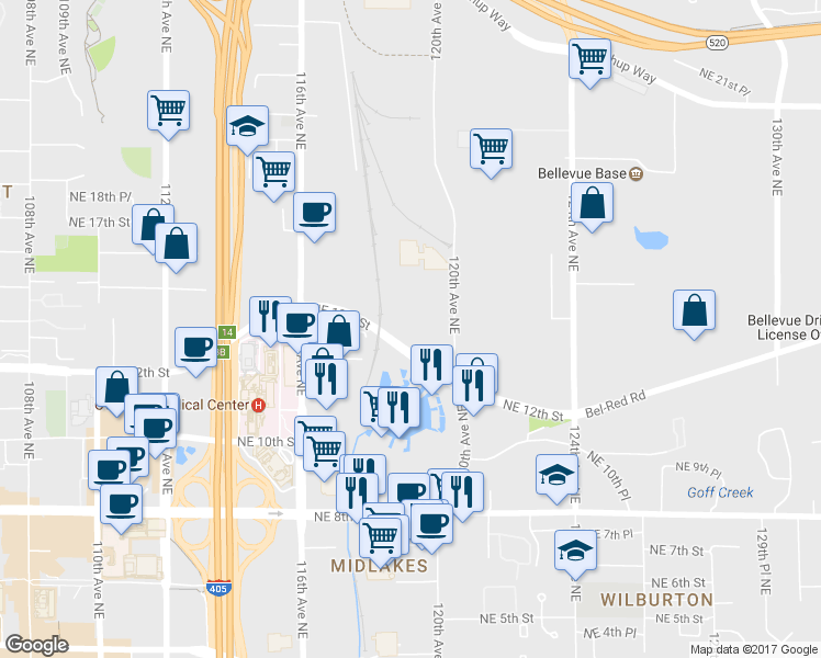 map of restaurants, bars, coffee shops, grocery stores, and more near 1239 120th Avenue Northeast in Bellevue