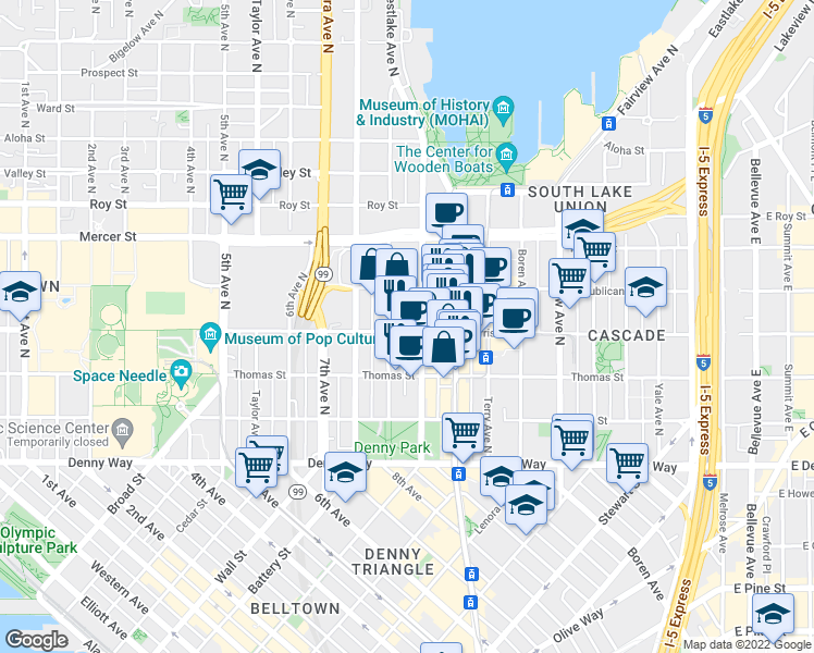 map of restaurants, bars, coffee shops, grocery stores, and more near 825 Harrison Street in Seattle